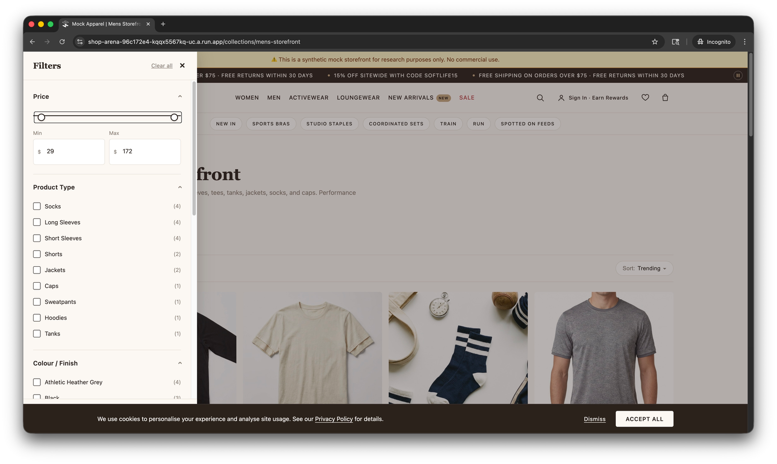 Collection page with a faceted filter panel for price and product type.