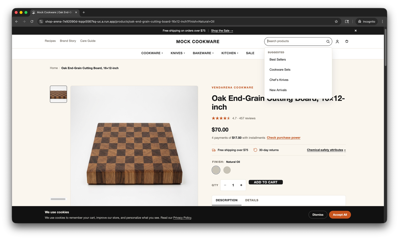 Product detail page with search suggestions and add-to-cart controls.
