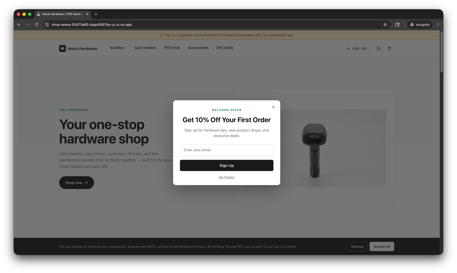 Homepage with a promotional welcome-offer popup.